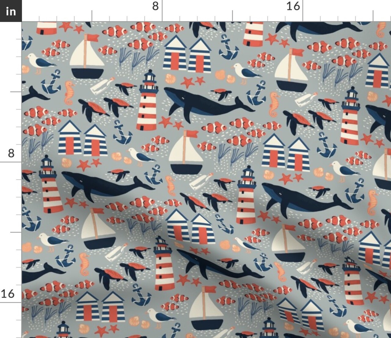 Ocean Marine Life Nautical Lighthouse Whales Coastal Beach Boats Anchor Custom Printed Fabric by Spoonflower Various Fabrics by the Yard or Fat Quarter